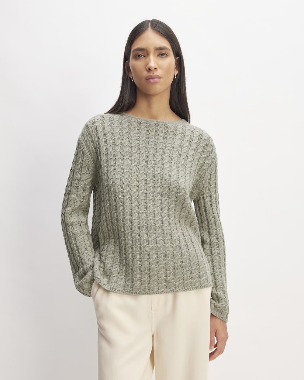 The Cotton Merino Cable Crew | Sage Green